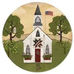 Americana Church 12" X 12" Circular Wood Decor