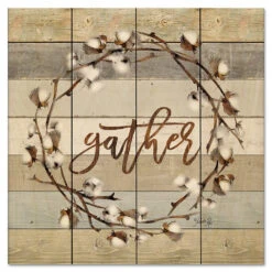 Gather Cotton Wreath 12" X 12" Wood Pallet Wall Art