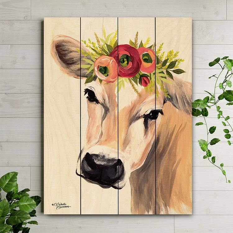 Jersey Cow With Floral Crown 12" X 16" Wood Pallet Wall Art 4 Jersey Cow With Floral Crown 12" X 16" Wood Pallet Wall Art - Image 2