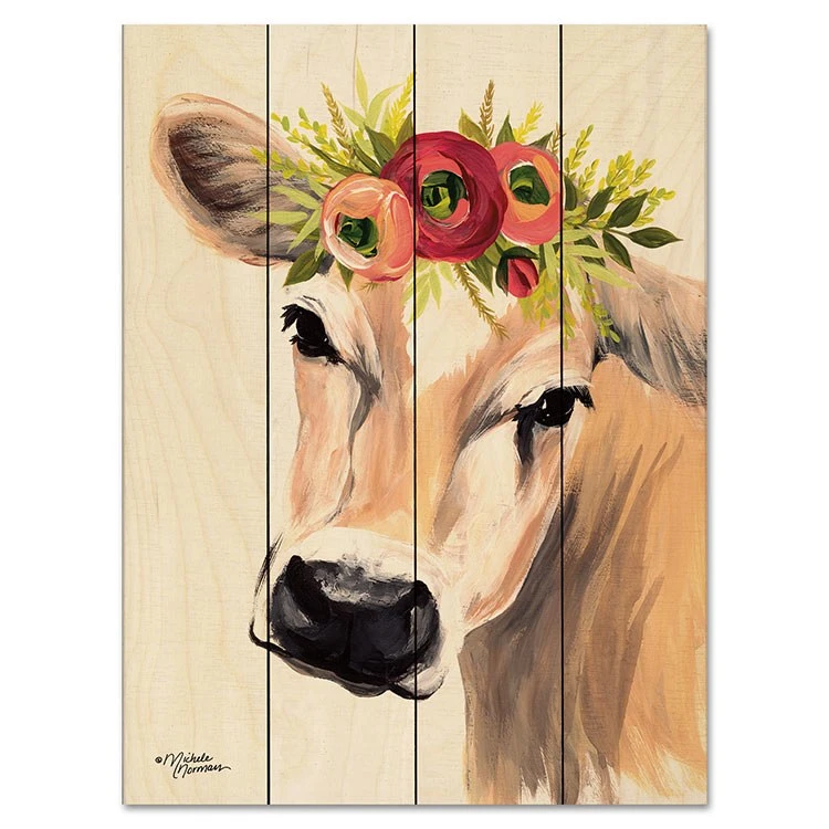 Jersey Cow With Floral Crown 12" X 16" Wood Pallet Wall Art 3 Jersey Cow With Floral Crown 12" X 16" Wood Pallet Wall Art