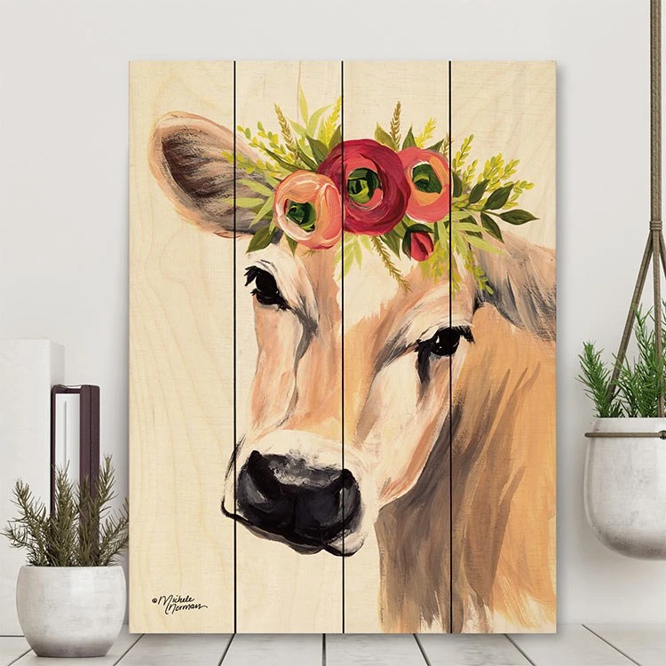 Jersey Cow With Floral Crown 16" X 20" Wood Pallet Wall Art 4 Jersey Cow With Floral Crown 16" X 20" Wood Pallet Wall Art - Image 2