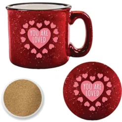 Courtside Market Pink HeartsMug & Ceramic Coaster Set 15 Oz Mug & Ceramic Coaster Set