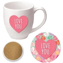 Courtside Market Candy Hearts Pink 16 Oz Mug & Ceramic Coaster Set